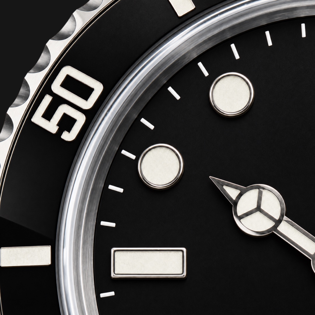 Close-up of a dive watch dial and bezel